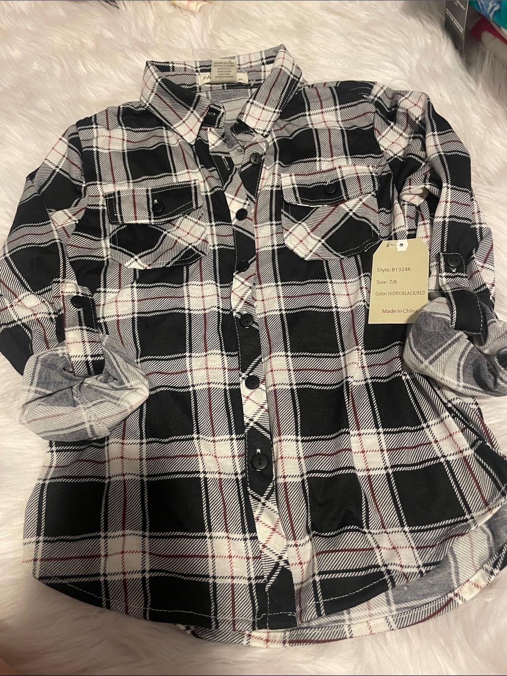 Passport Black & White Plaid Button-Down Shirt with Red Accent